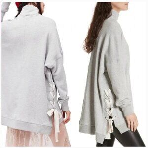 Free People So Plush Lace Up Pullover Sweater Women's Small Oversized Gray